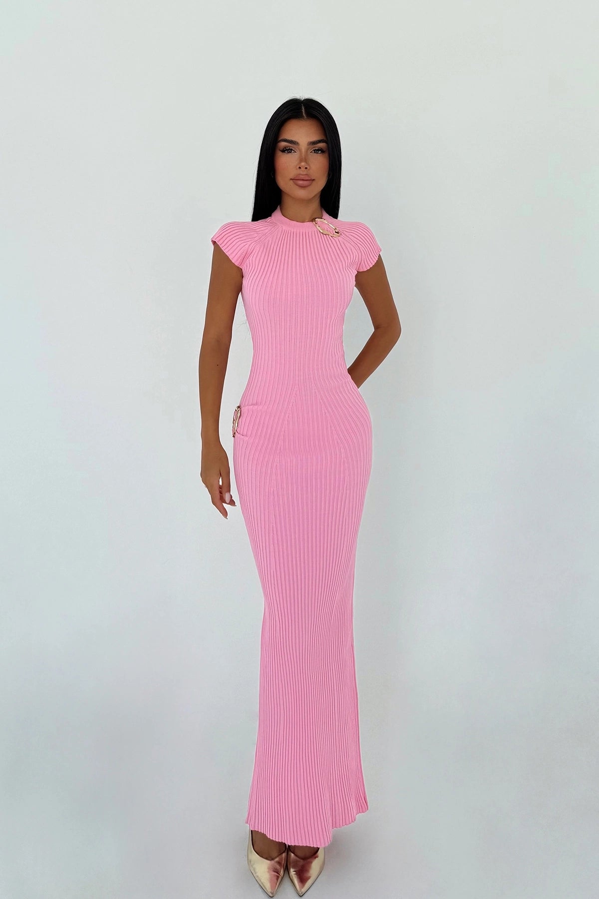 Pembe Triko Uzun Elbise