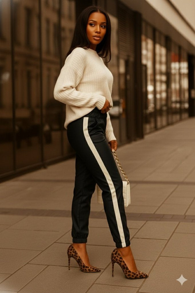 Women's High Waist Elastic Side Stripe Detailed Leather Pants