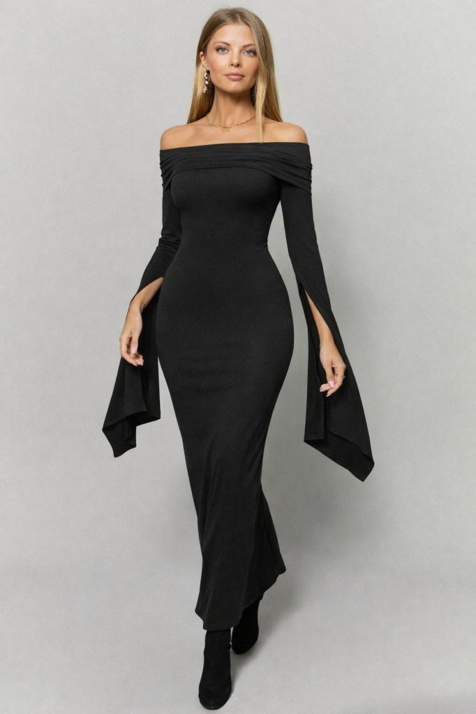 Women's Madonna Neck Long Slit Sleeve Detail Long Imported Crepe Dress