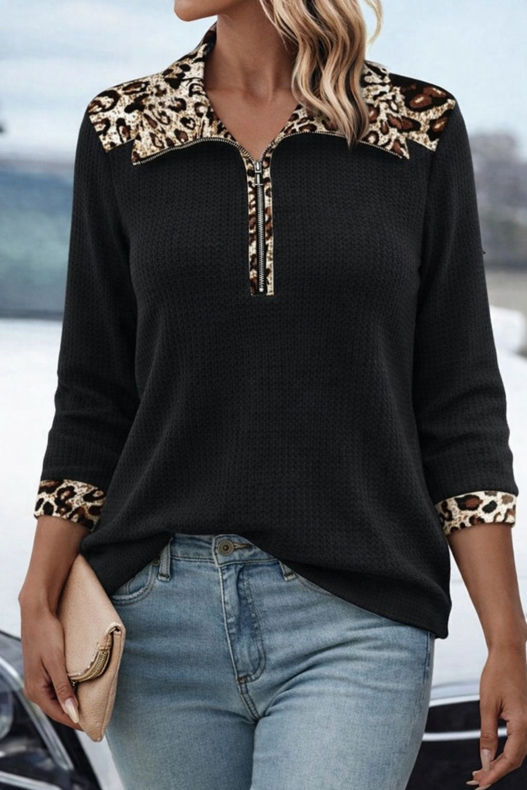 Women's Long Sleeve Leopard Collar Zippered Waffle Blouse