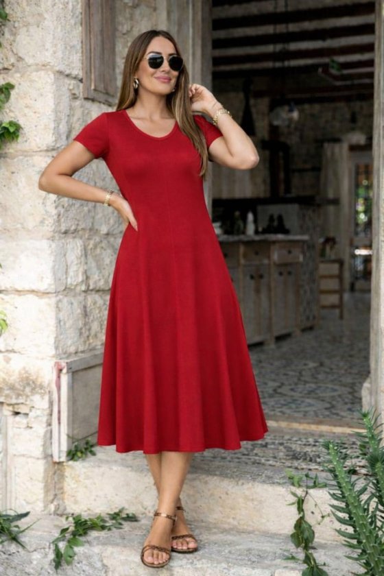Women's Short Sleeve V Neck Slit Midi Viscose Dress