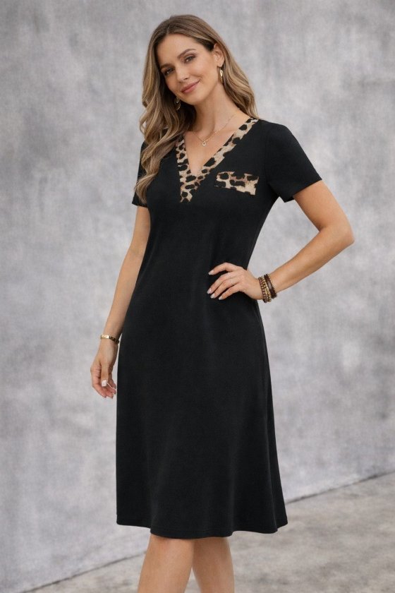 Women's Short Sleeve V-Neck Midi Viscose Dress with Decorative Pocket Detail