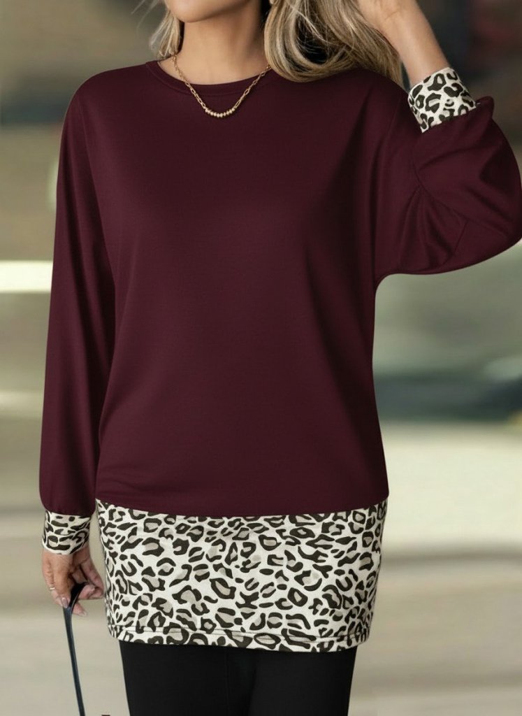 Women's Long Sleeve Crew Neck Top Viscose Two-Ply Bottom Leopard Pattern Mini Dress