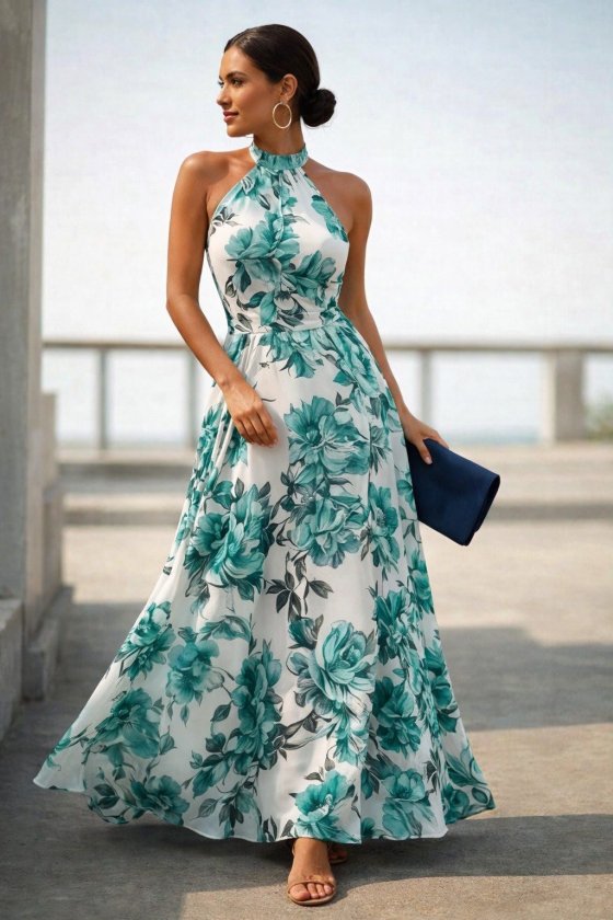 Women's Off-Shoulder Turtleneck Patterned Long Supreme Dress