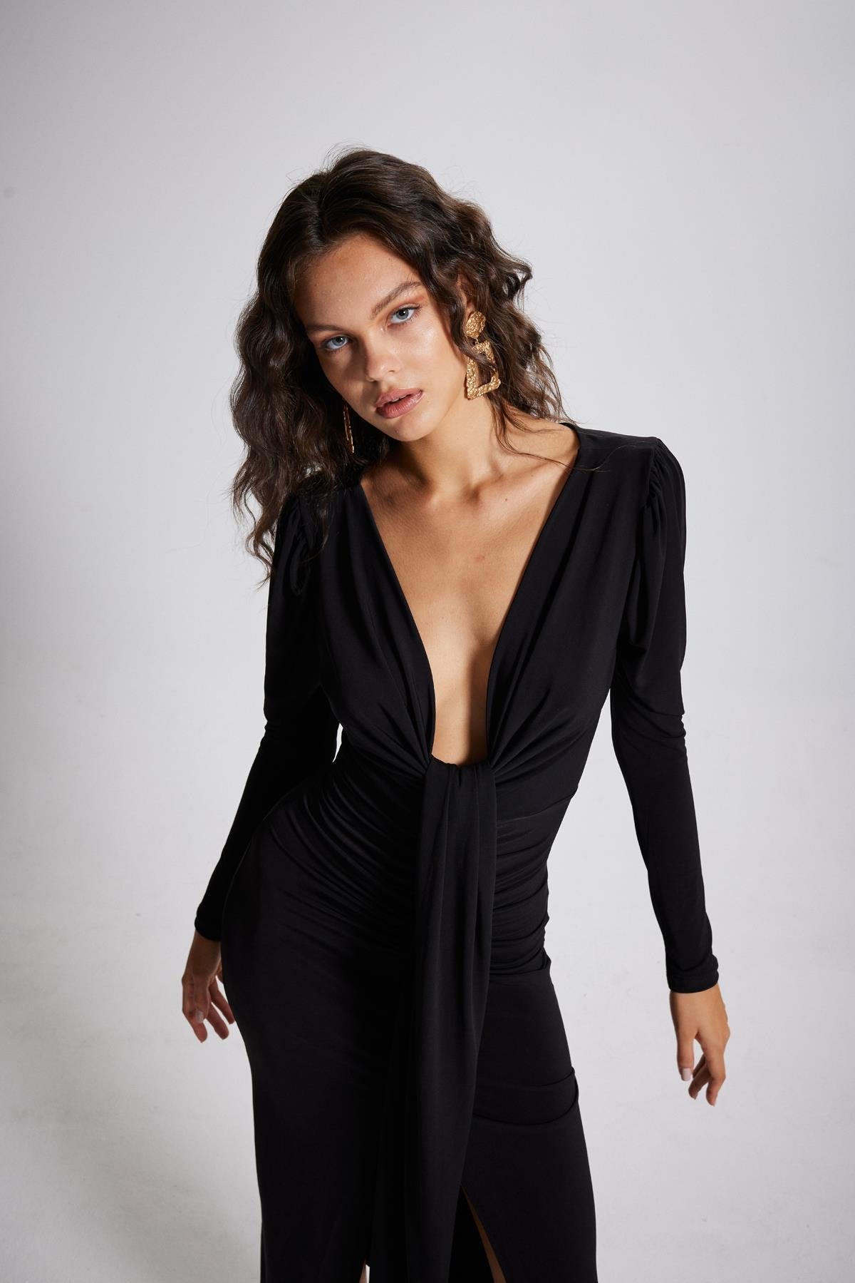 V Yaka Karpuz Kol Maxi Moonlight Elbise Siyah