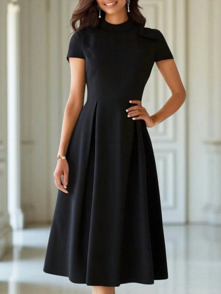 Women's Short Sleeve Half Turtleneck Pleated Ruffled Crepe Midi Dress