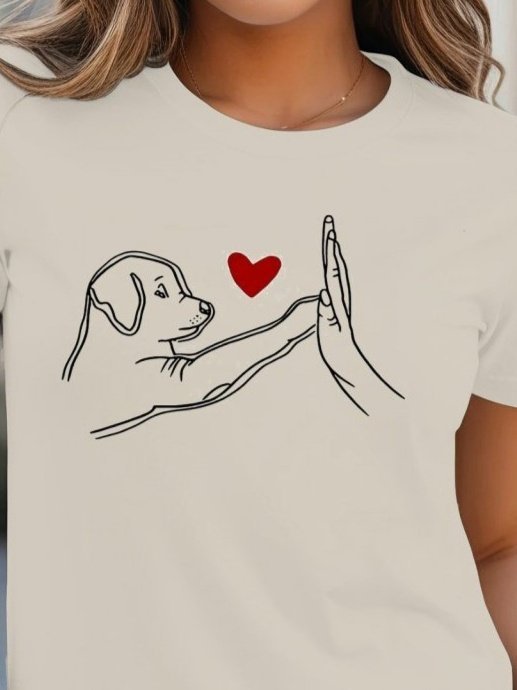 Women's Short Sleeve Crew Neck Dog Print Viscose Blouse