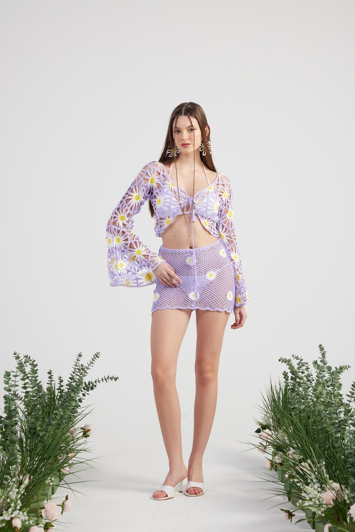 Çiçek Desenli Triko Pareo Doll Takım Lila Lila M - L