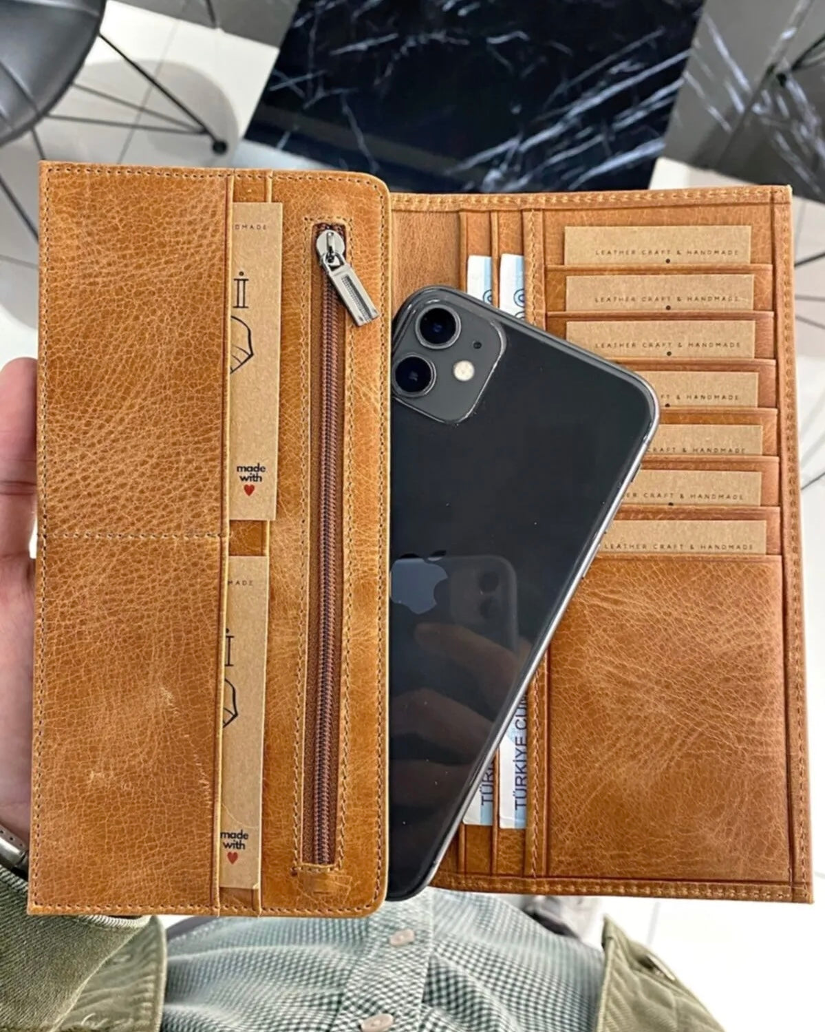 Telefon Bölmeli Erkek Cüzdan – Taba Hakiki Deri Kapaklı | 2013
