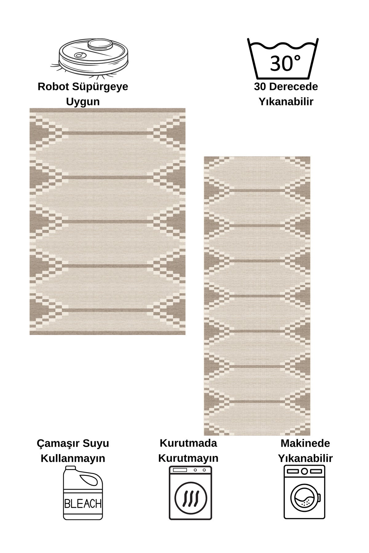 Geometrik Desen Siyah Renk Kaymaz Taban Yolluk - Mutfak Halısı