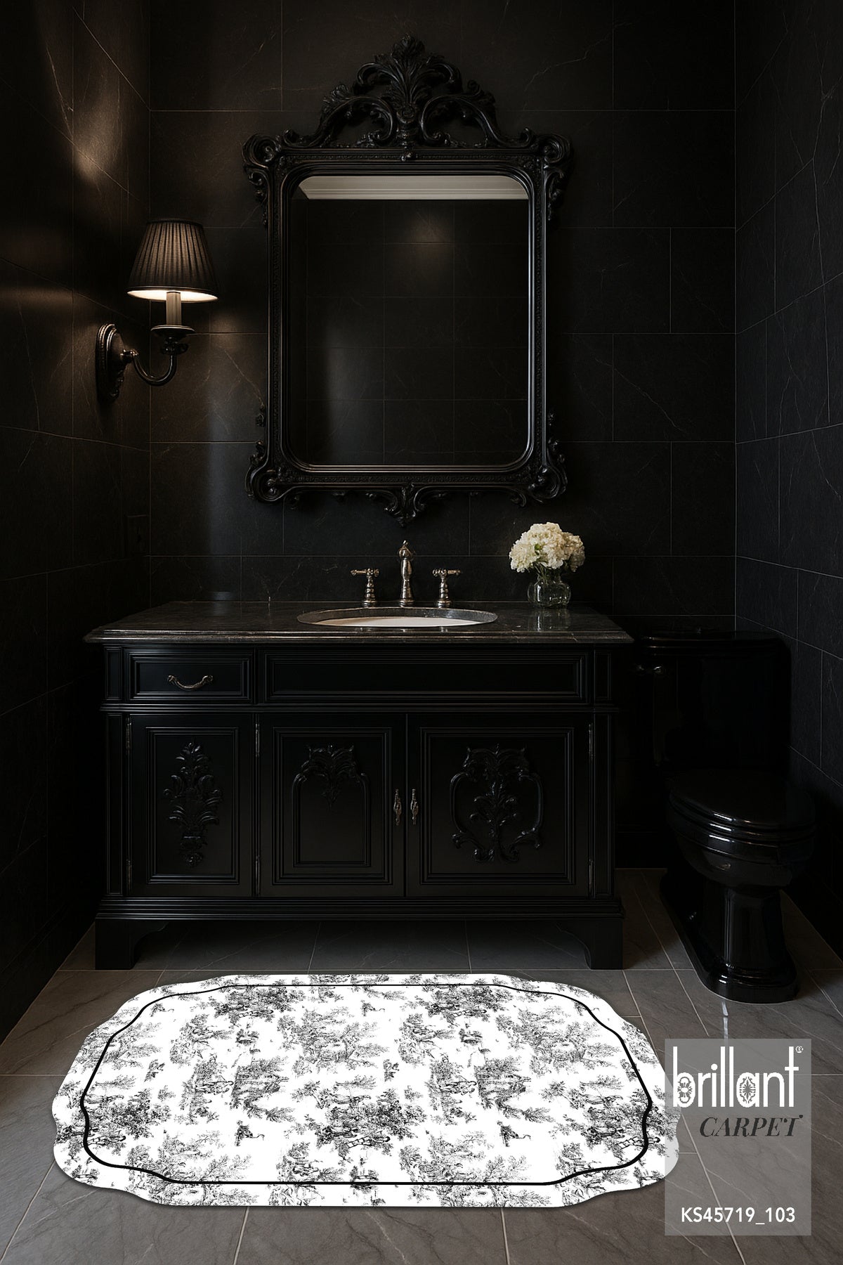 Toile de Jouy Temalı Tekli Lateks Taban Banyo Paspası (80X120)