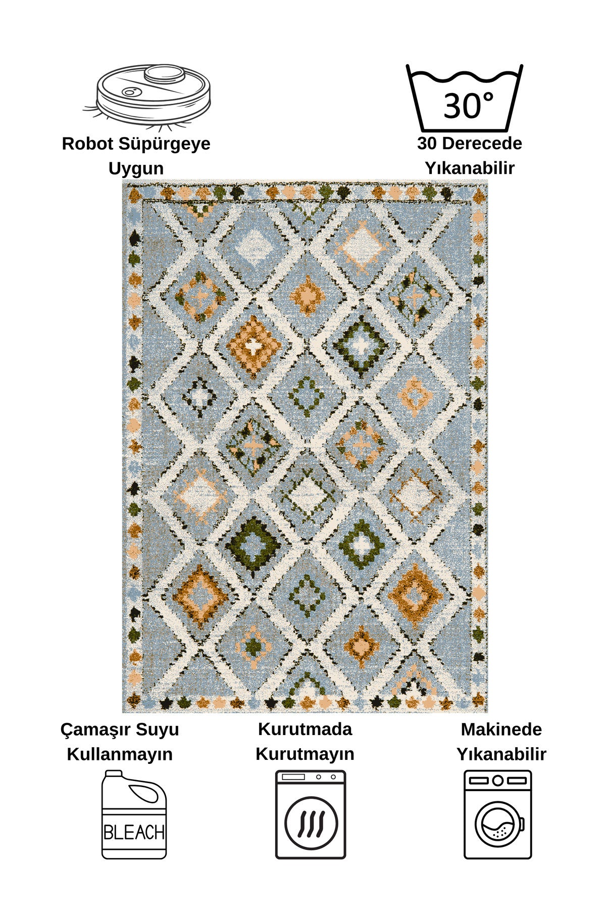 Kilim Motifli Bohem Kaymaz Taban Yolluk Halı
