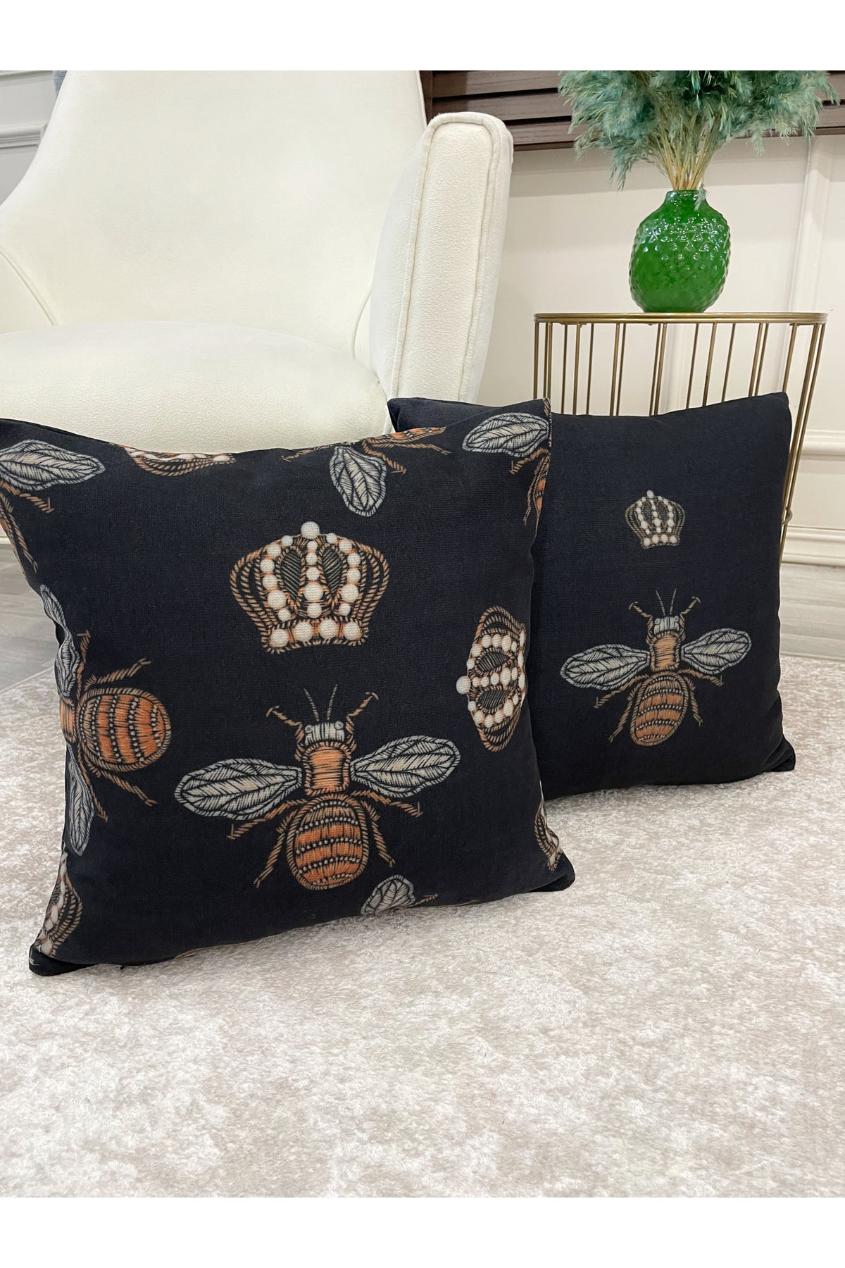 2 Ii Kraliçe Arı İşleme Görünüm Dokuma Kumaş Kırlent Kılıfı 45x45