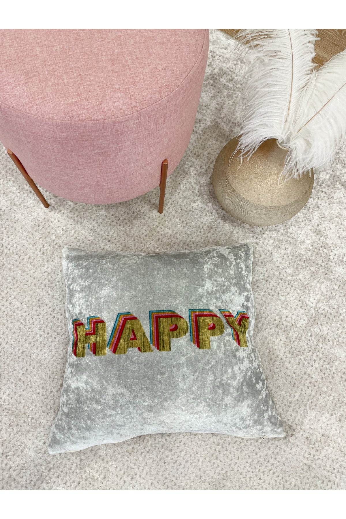 %100 Kadife Happy Yazı Desenli Kırlent Yastık Kılıfı (GRİ)