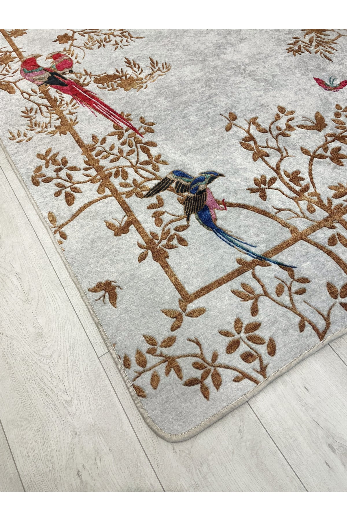 GRİ- Nakış İşleme Görünümlü Kuşlu Lateks Taban Yolluk Halı