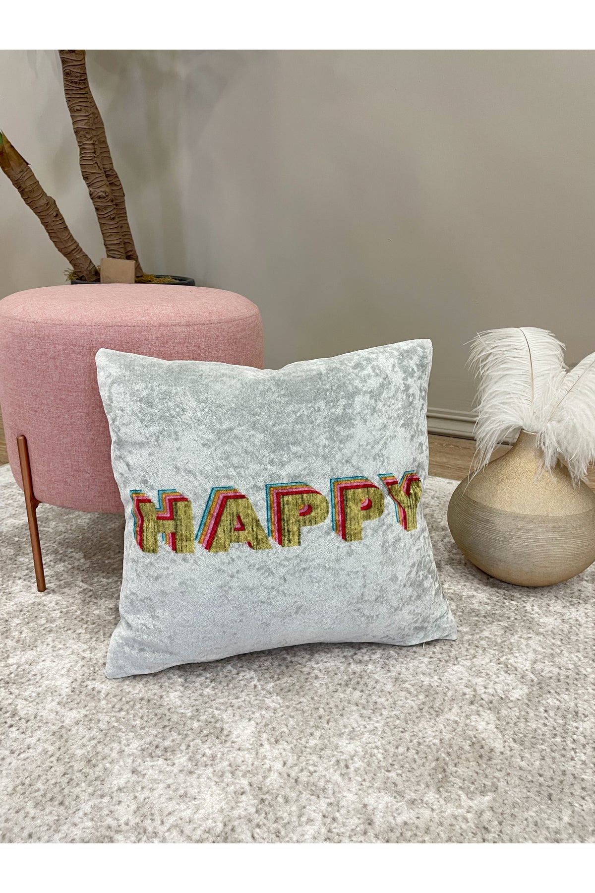 %100 Kadife Happy Yazı Desenli Kırlent Yastık Kılıfı (GRİ)