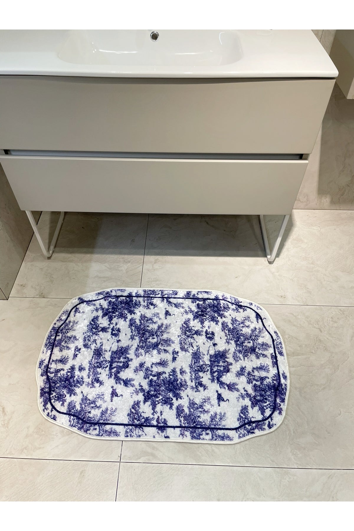 Toile de Jouy Temalı Tekli Lateks Taban Banyo Paspası (80X120)