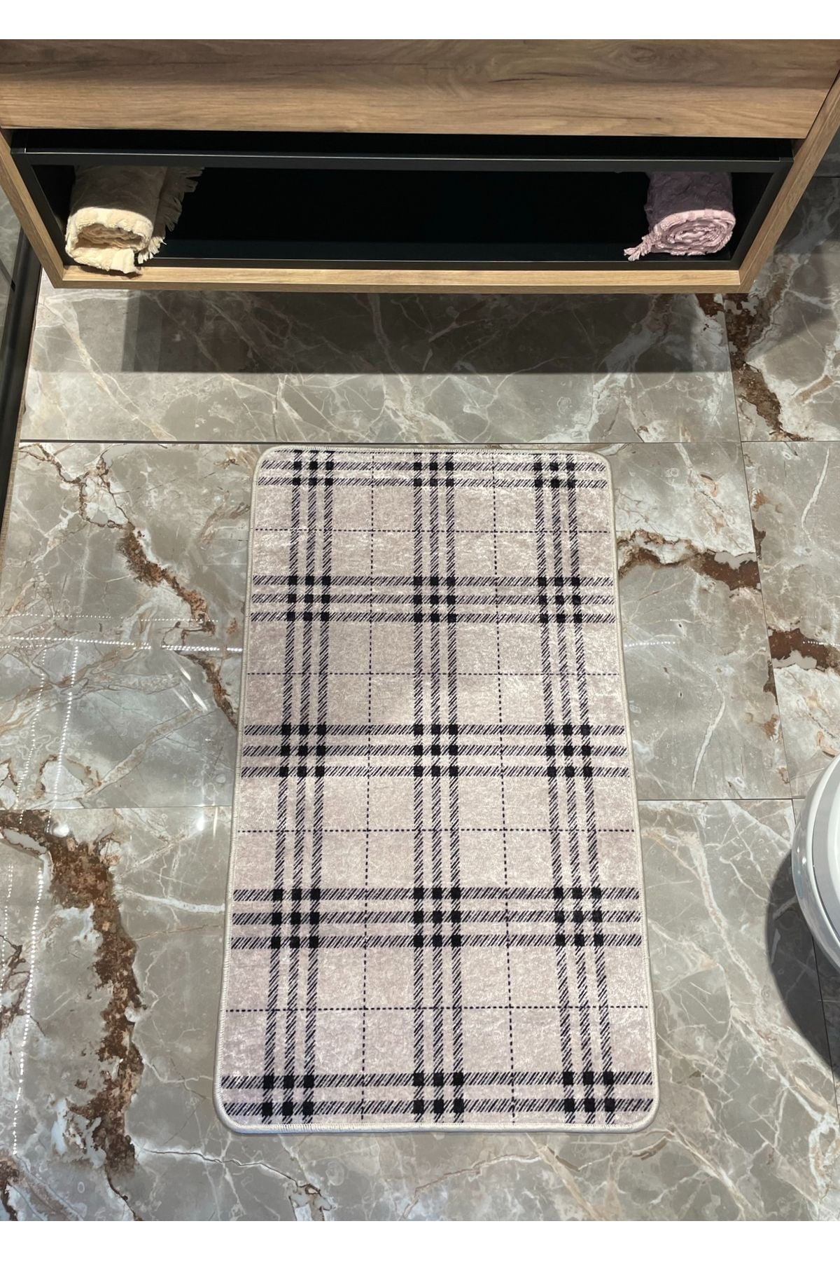 Tekli Ekose Desen Banyo Paspası - Bej (60X100 Ölçü)