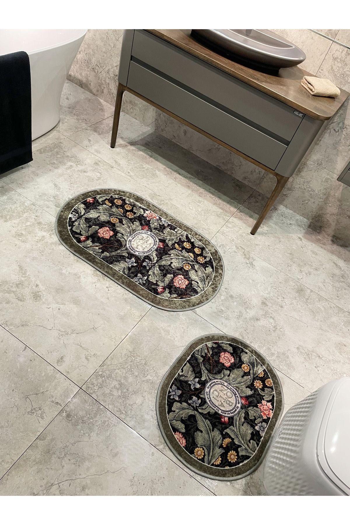 2 li Çiçek Desenli 60x100 - 60x50 Botanic Lateks Taban Banyo Paspas