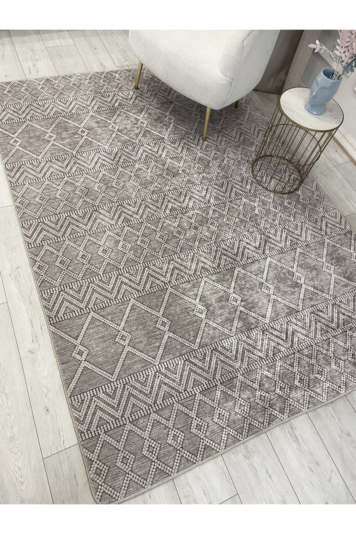 Gri Siyah İskandinav Tarzı Kilim Desenli Yolluk Lateks Halı