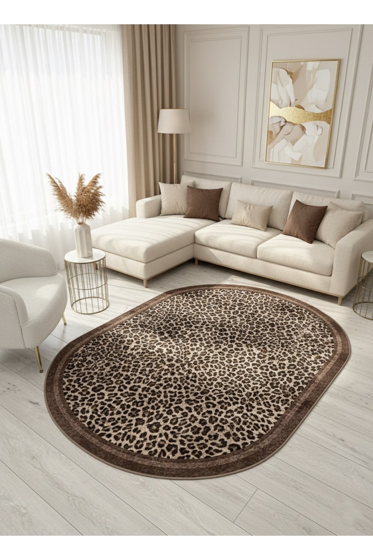 Leopar Desenli Oval Lateks Deri Halı