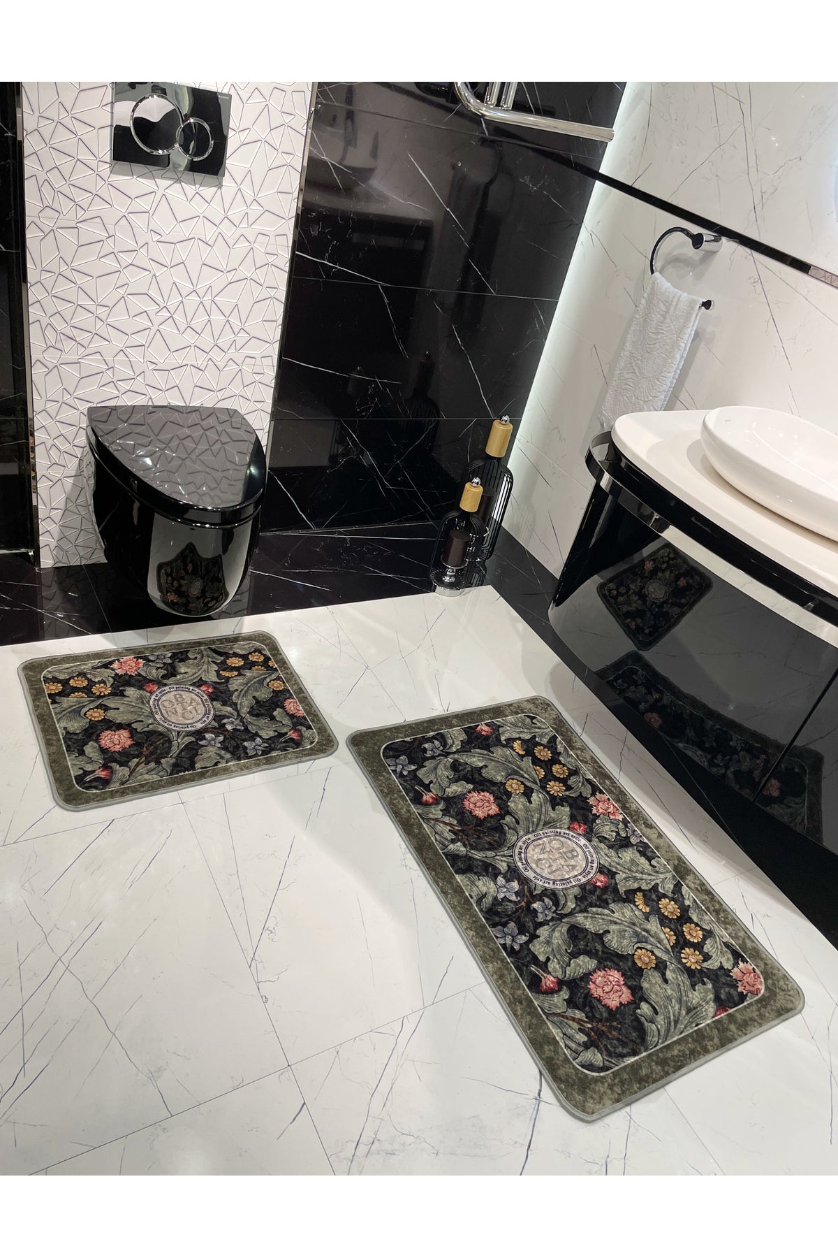 2 li Çiçek Desenli 60x100 - 60x50 Botanic Lateks Taban Banyo Paspas