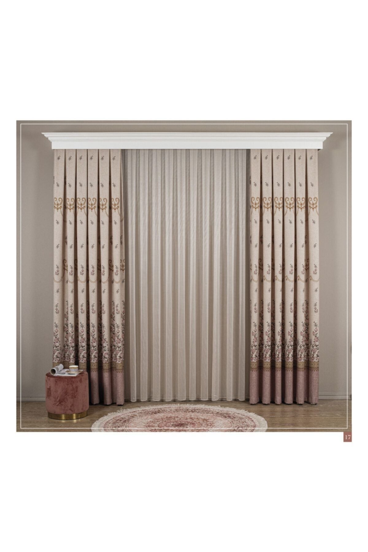 Country Collection 1/3 Sık Pile Natural Keten Çiçek Desenli Fon Perde