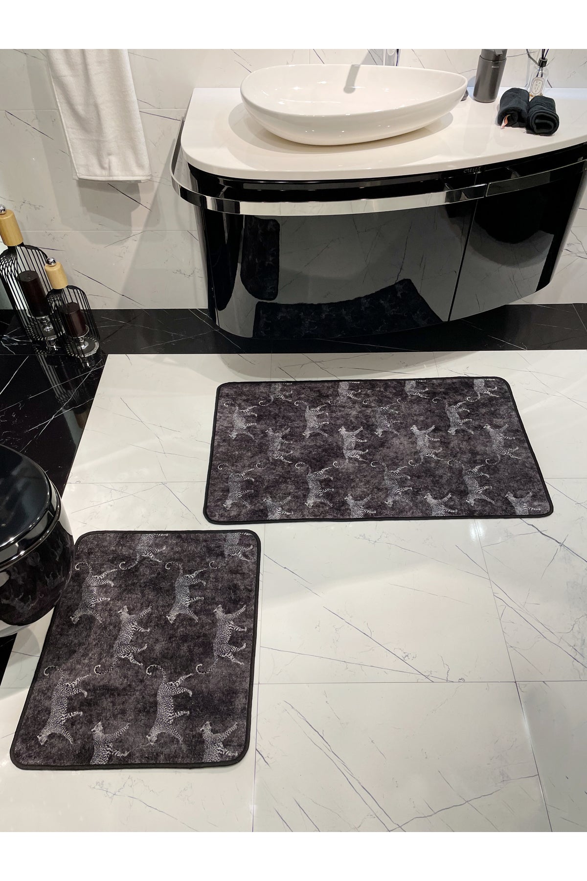 2'li Lateks Deri Taban Banyo Paspas Takımı (60X100 - 60X50) KoyuGri