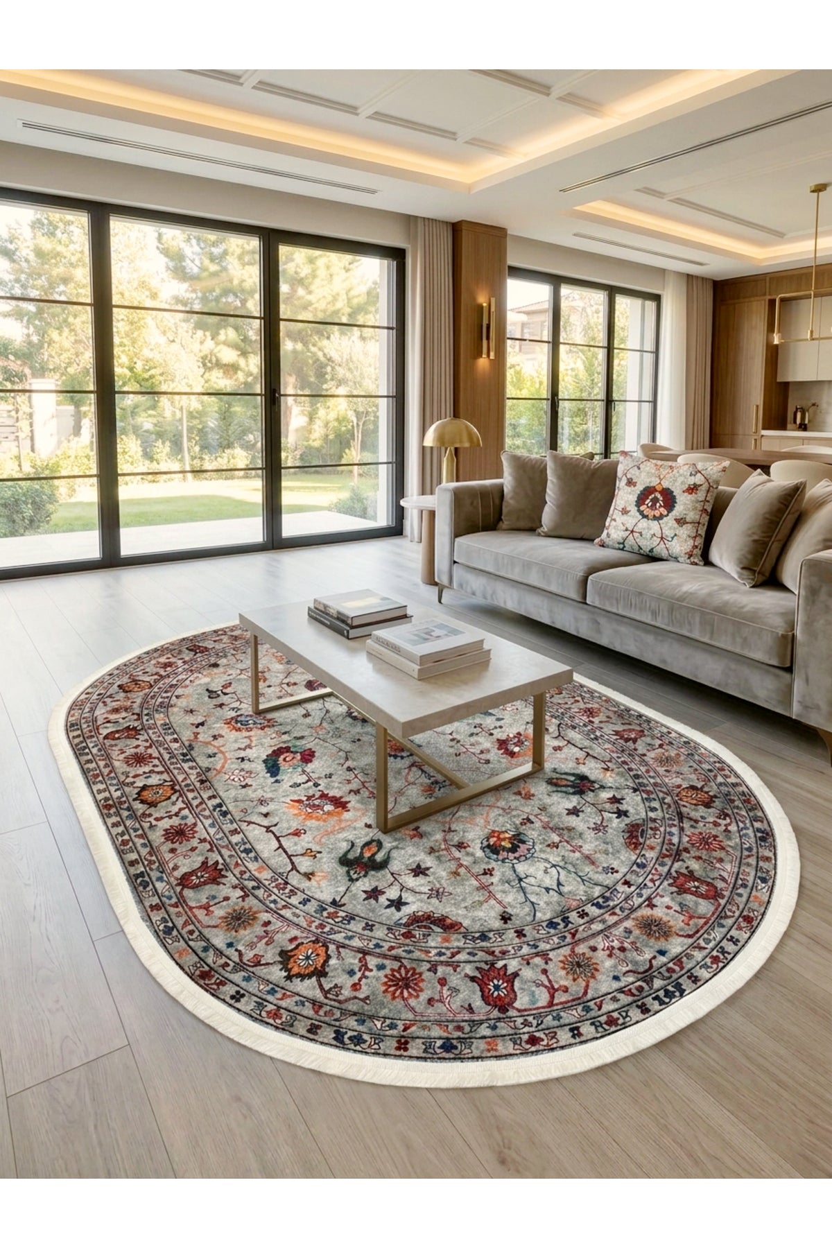 Gri Renk Vintage Çiçekli Oval Lateks Kaymaz Taban Halı