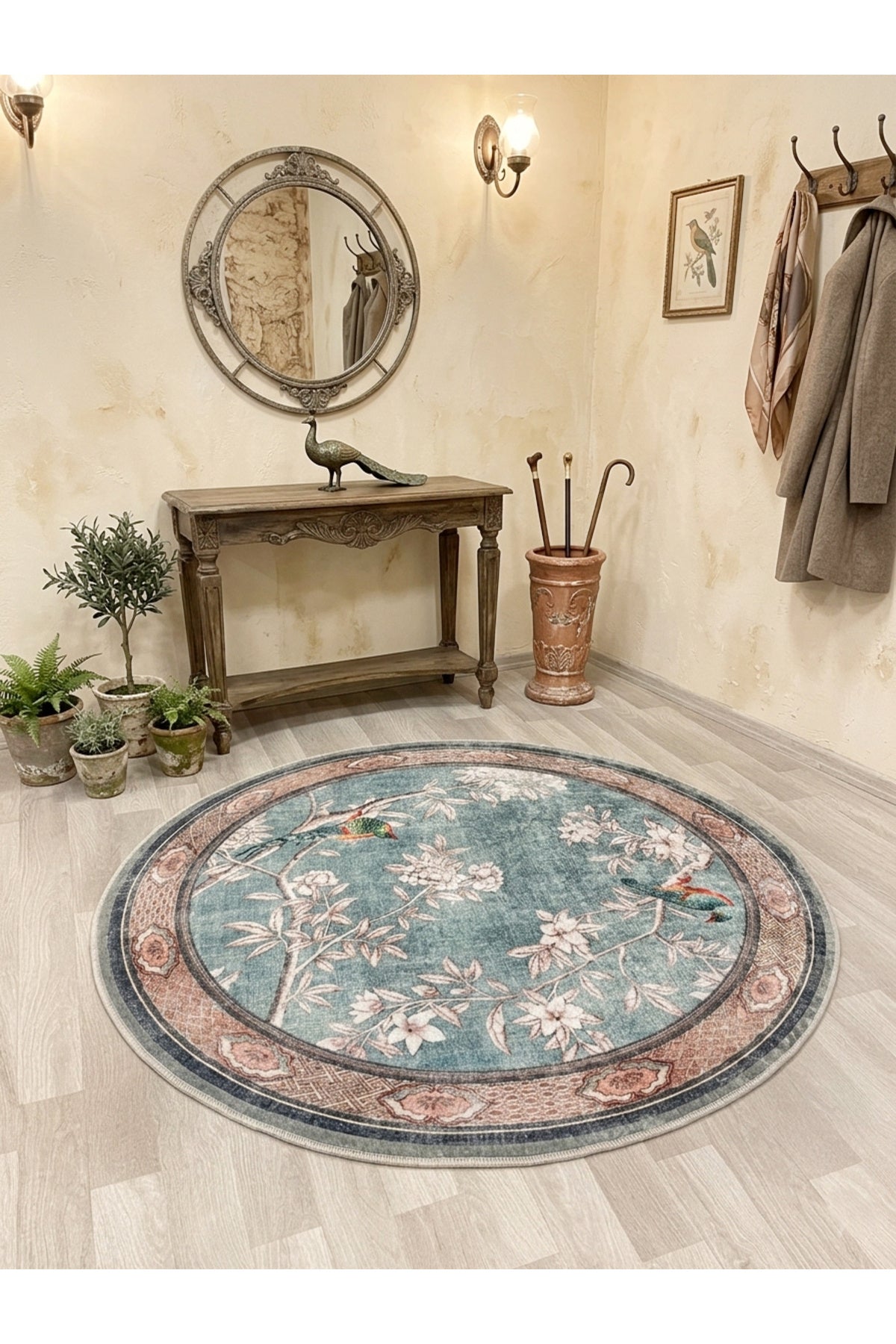 Soft Mavi Kuş Desenli Lateks Taban Oval Halı