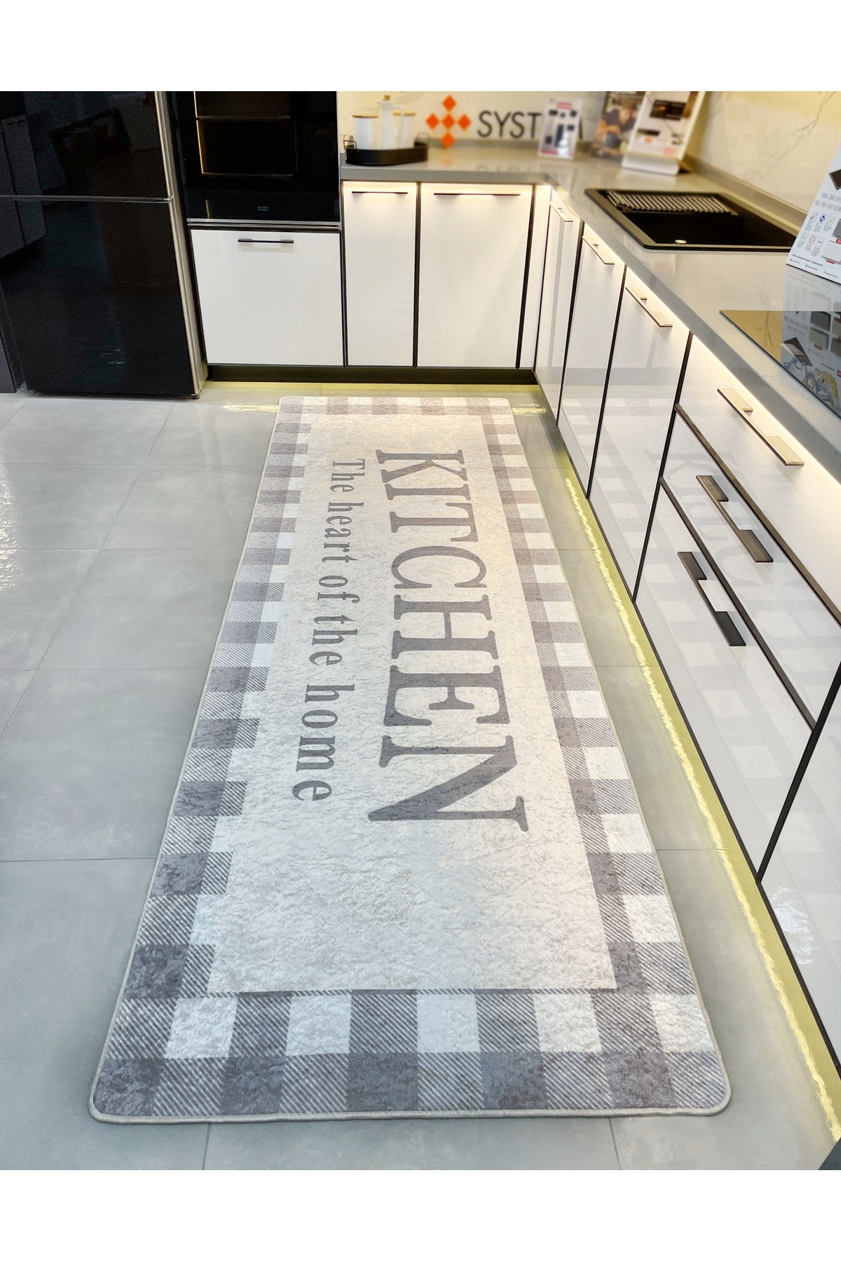 Bej Siyah Kitchen Lateks Deri Taban Mutfak Halısı