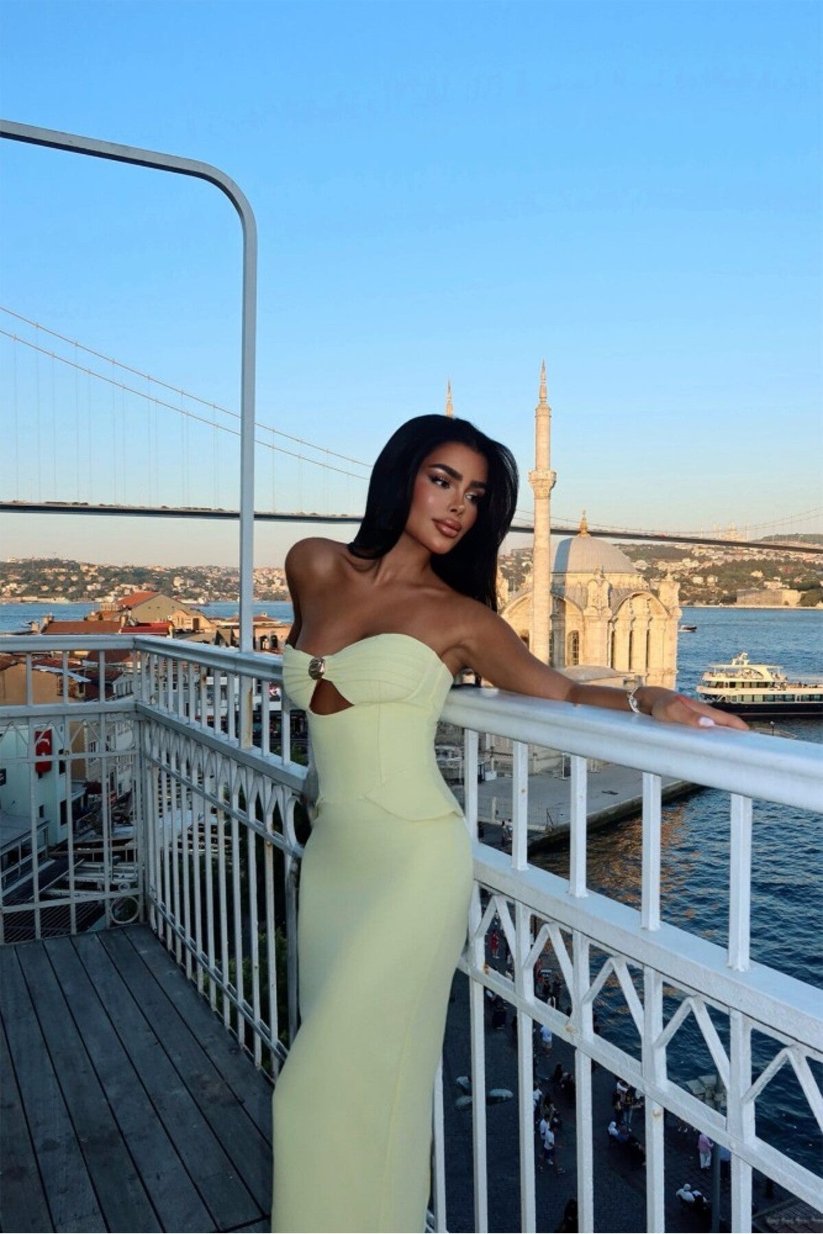Sarı Soho Korse Detaylı Uzun Elbise ATE-3202