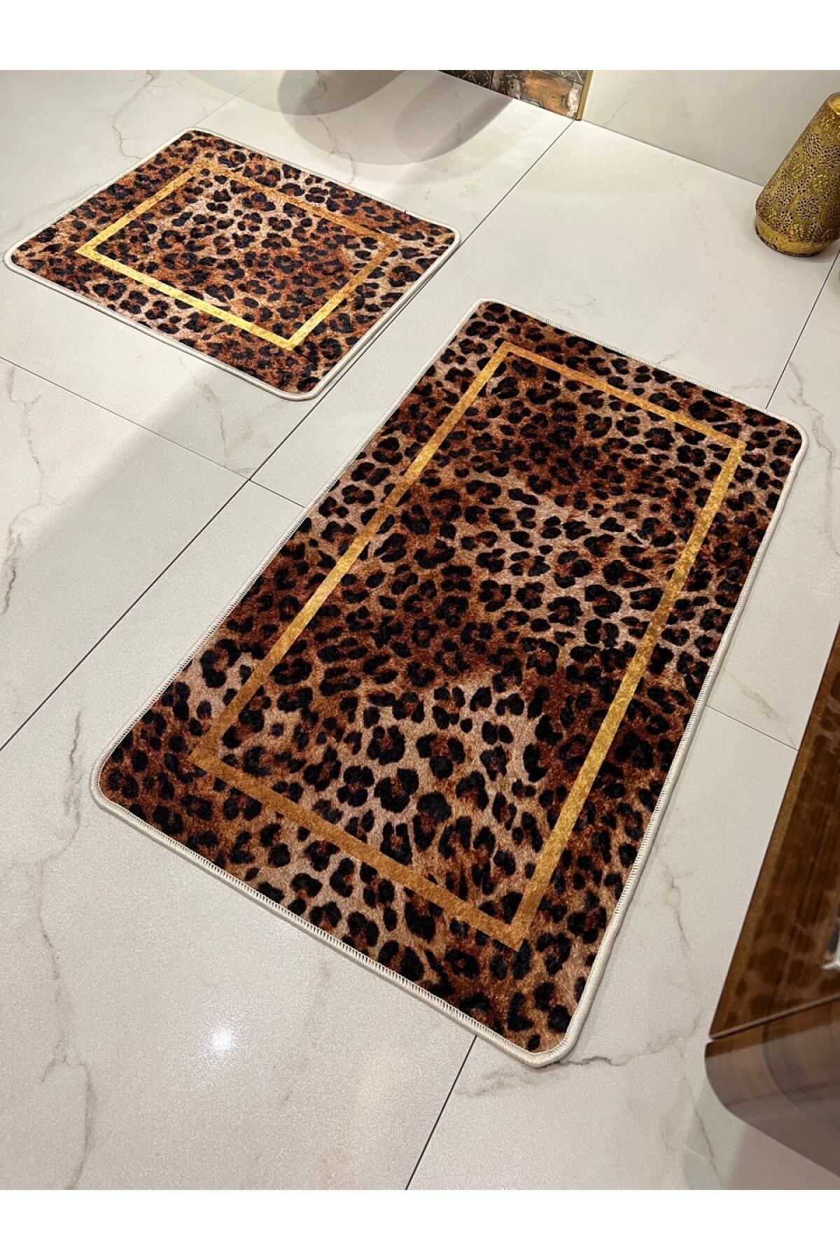 Leopar Desenli 2'li Kaymaz Taban Banyo Paspas Takımı (60x100 - 60x50)