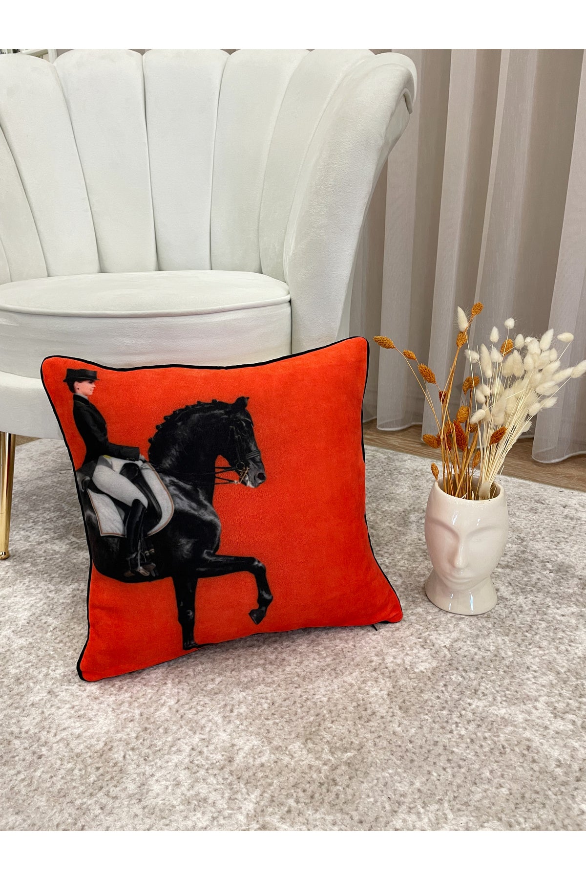 At Desenli Biyeli Kırlent Kılıfı 45x45 - TURUNCU