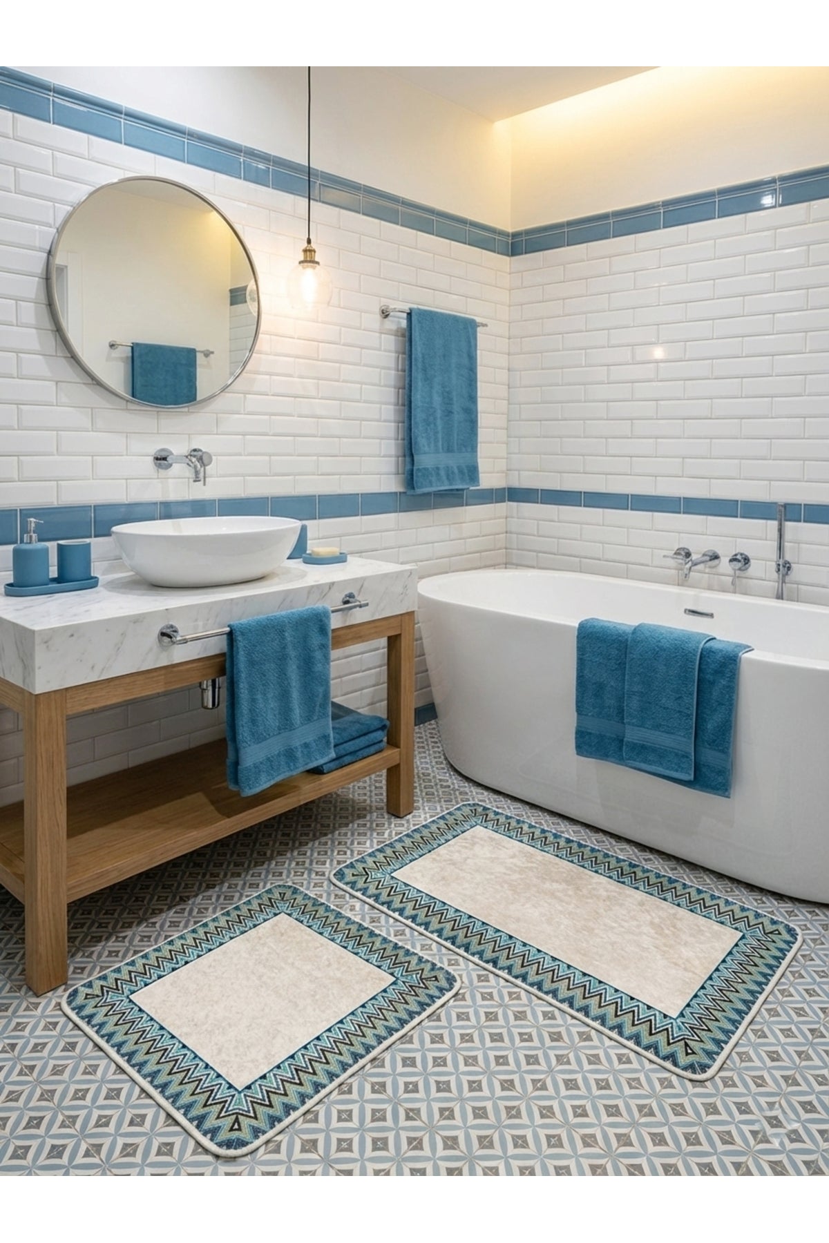 Mint Yeşil - Zigzag Desenli Deri Taban 2 li Banyo Paspas (60x100 - 60x50)