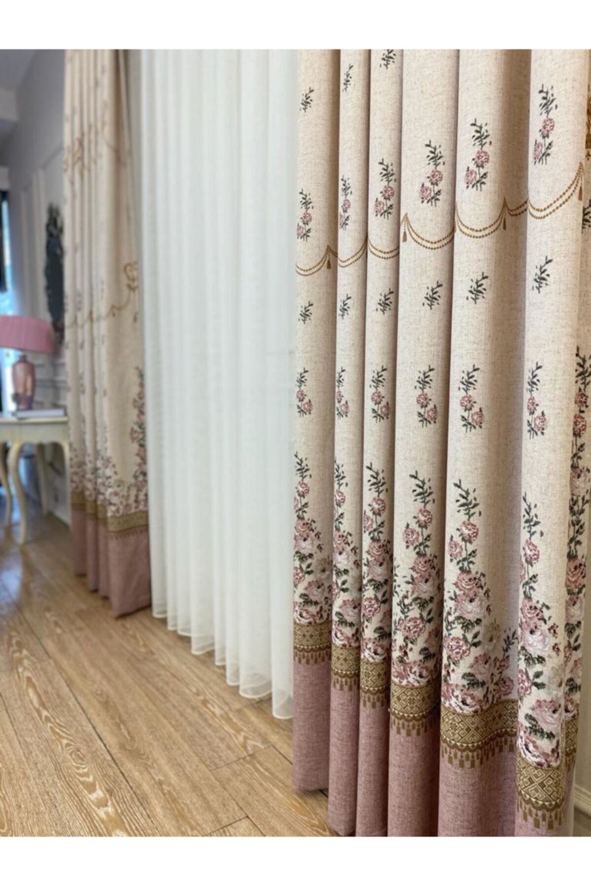 Country Collection 1/3 Sık Pile Natural Keten Çiçek Desenli Fon Perde