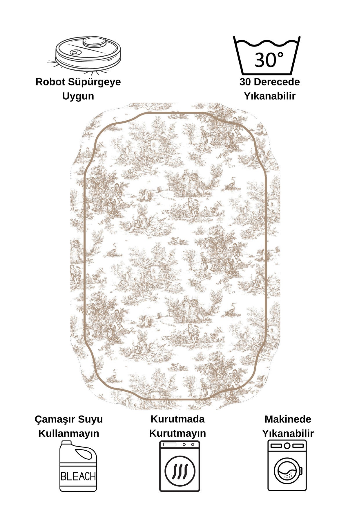 Toile de Jouy Temalı Tekli Lateks Taban Banyo Paspası (80X120)