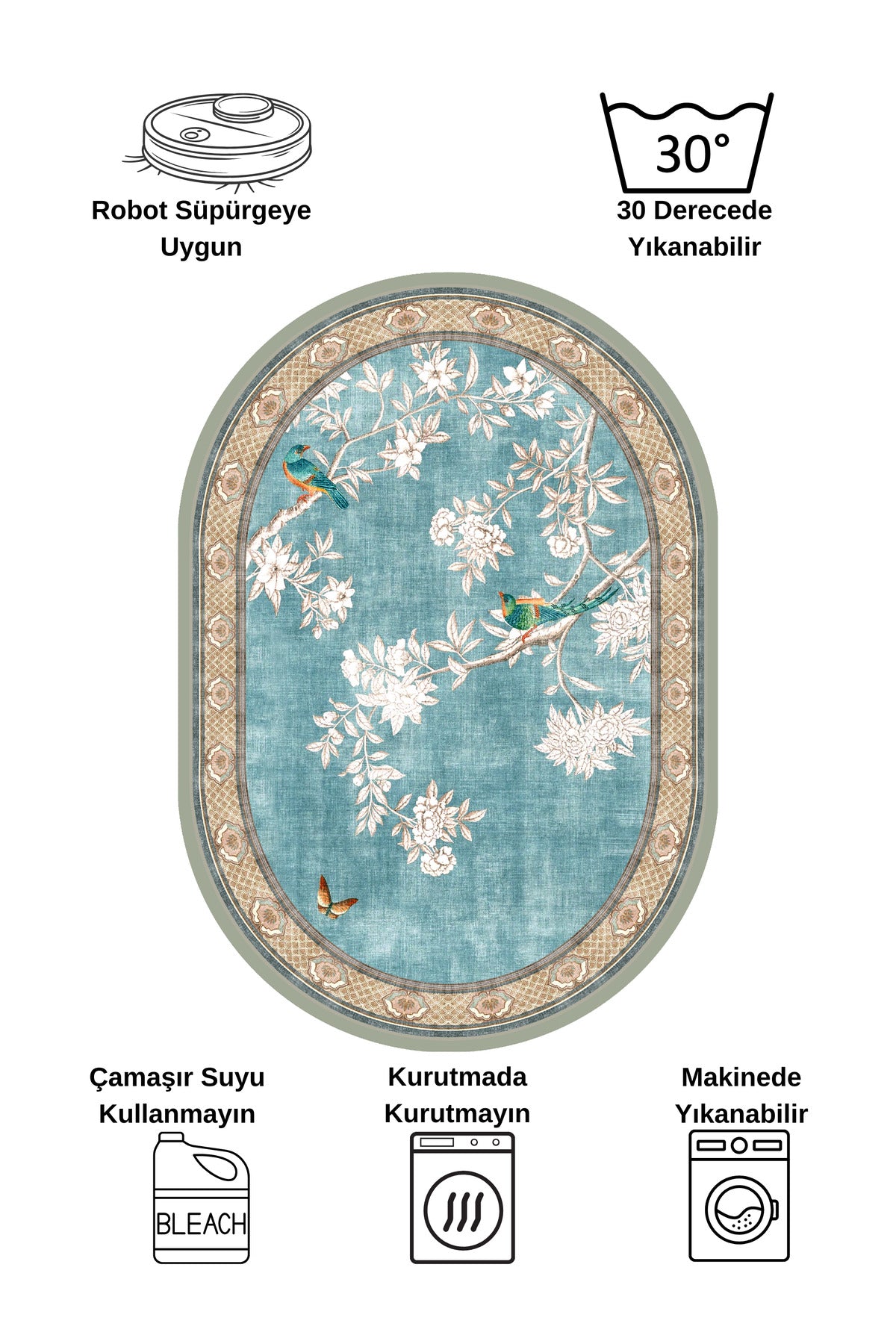 Soft Mavi Kuş Desenli Lateks Taban Oval Halı