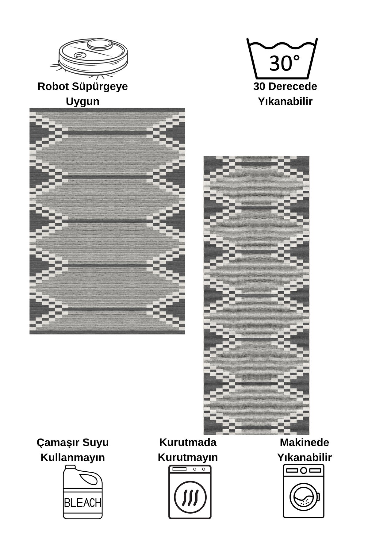 Geometrik Desen Siyah Renk Kaymaz Taban Yolluk - Mutfak Halısı