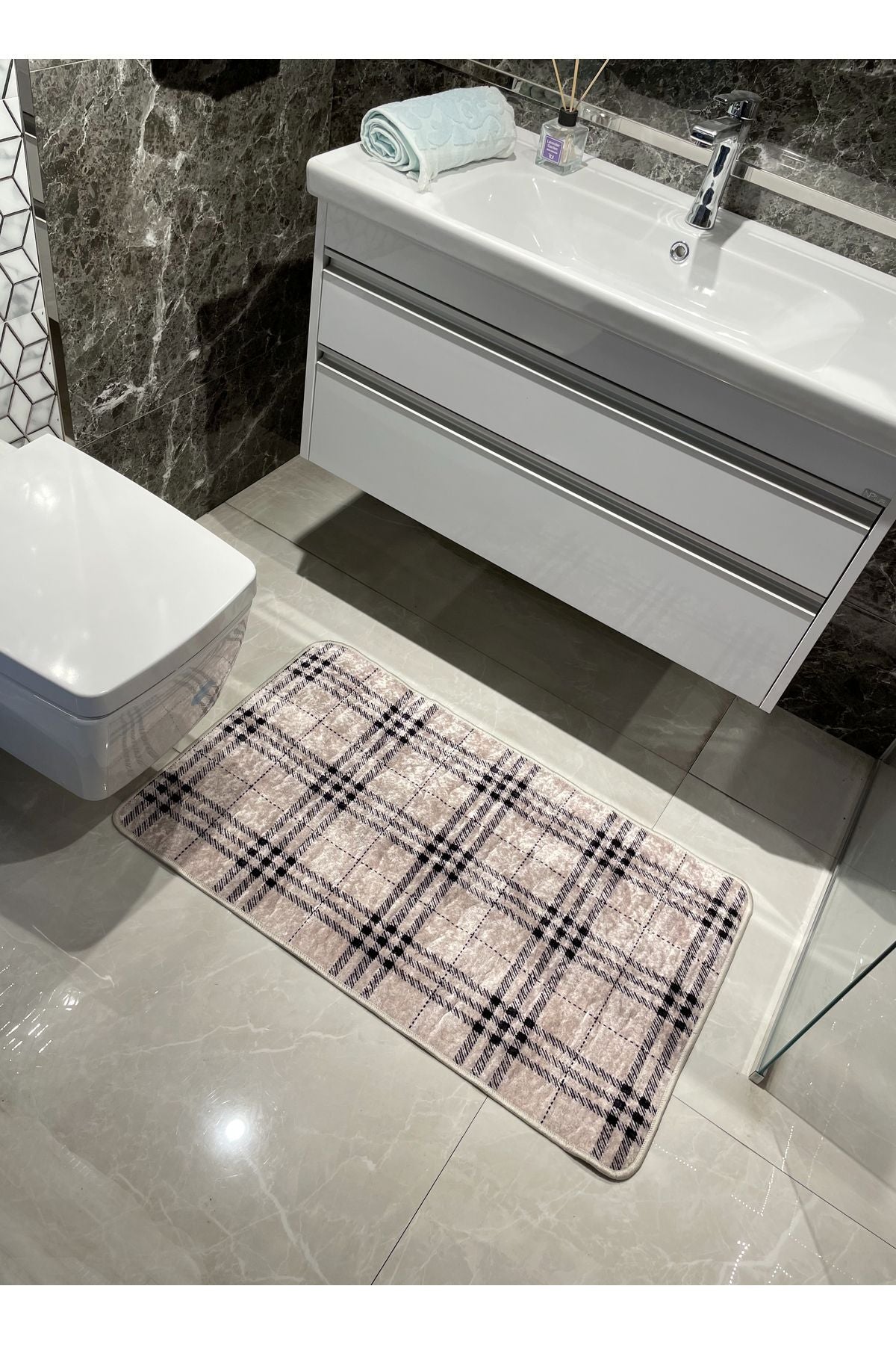 Tekli Ekose Desen Banyo Paspası - Bej (60X100 Ölçü)