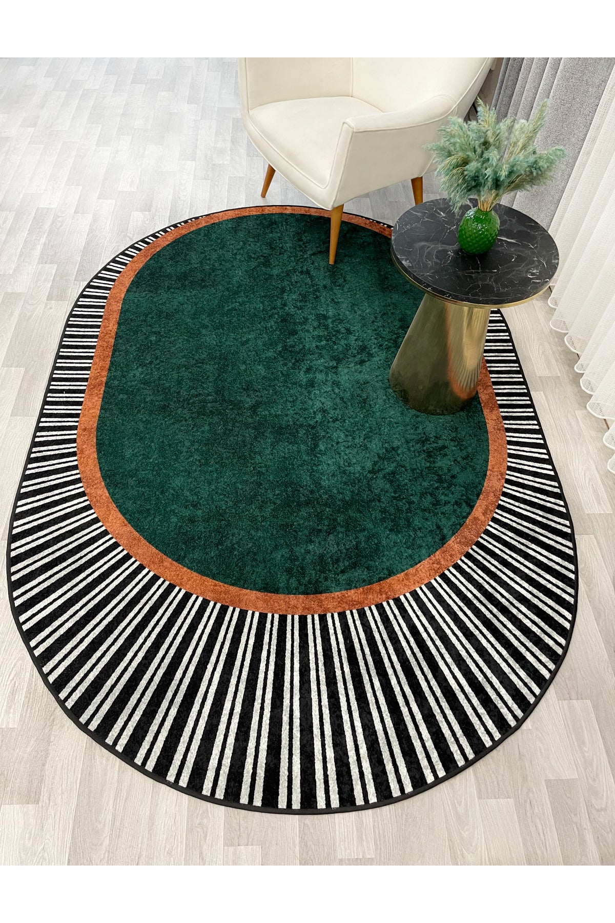 YEŞİL Renk Çizgili Oval Kaymaz Taban Halı