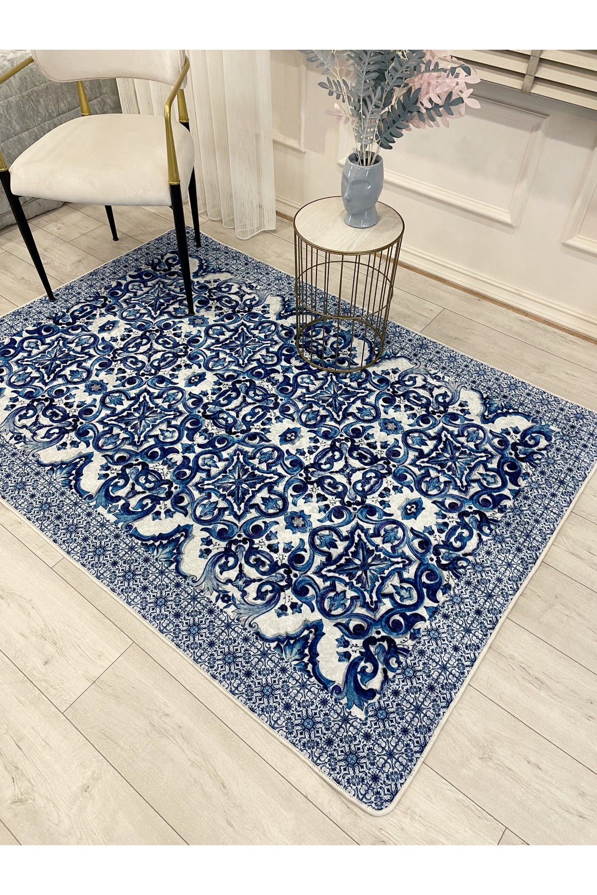 Lacivert-Gri Blue Blanc Modern Lateks Kaymaz Taban Halı