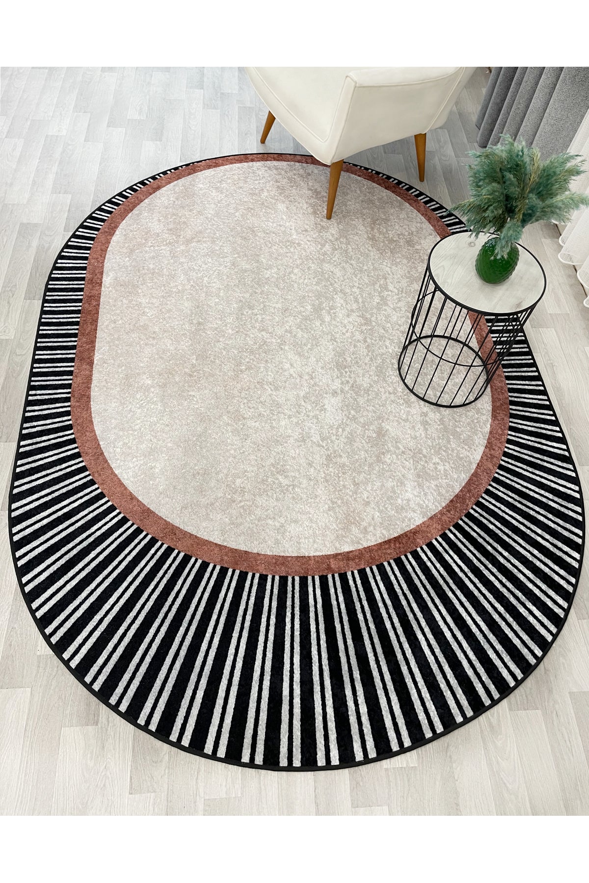 YEŞİL Renk Çizgili Oval Kaymaz Taban Halı
