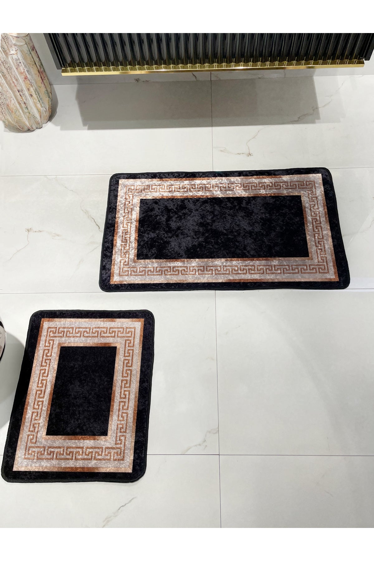 Bordürlü Desenli 2'li Lateks Deri Taban Banyo Paspas Takımı (60X100 - 60X50) Siyah