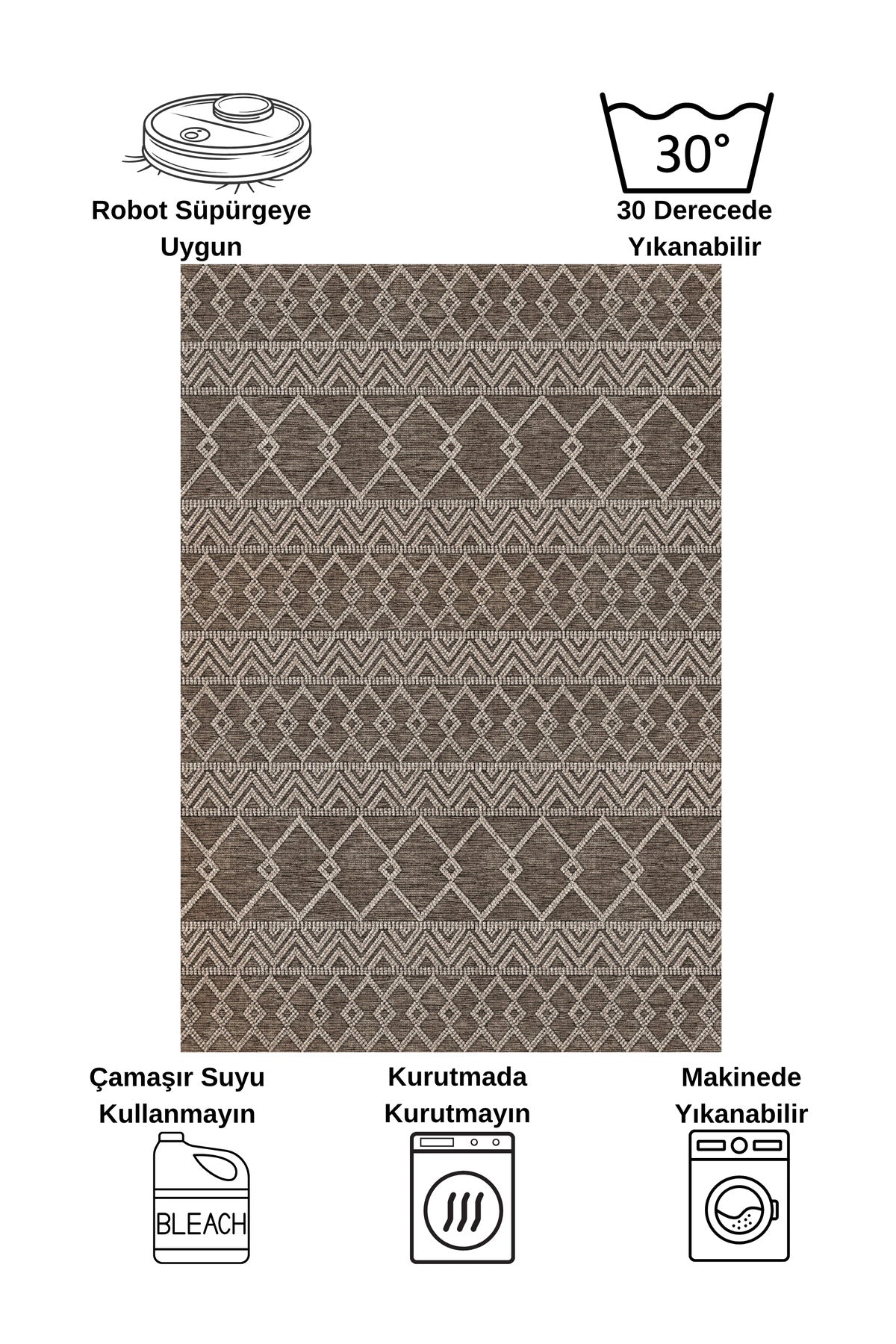 Gri Siyah İskandinav Tarzı Kilim Desenli Yolluk Lateks Halı