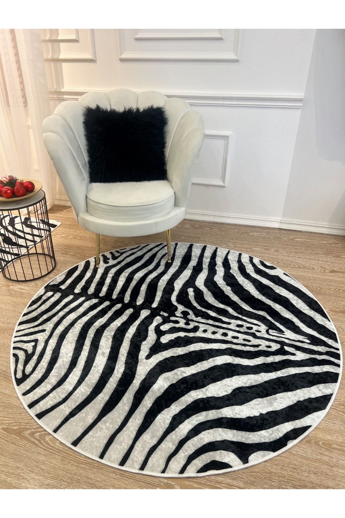 Zebra Desenli Yuvarlak Siyah - Gri Dekoratif Halı