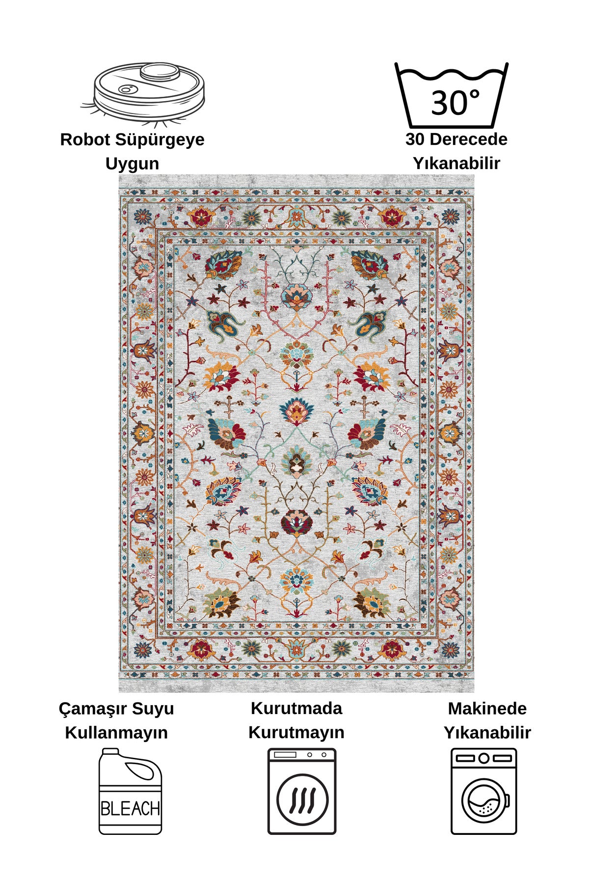 Gri Renk Vintage Çiçekli Oval Lateks Kaymaz Taban Halı