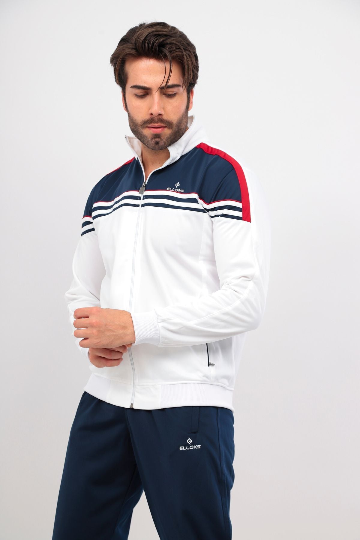 Erkek Beyaz Lacivert Şeritli Rashell Eşofman Takım