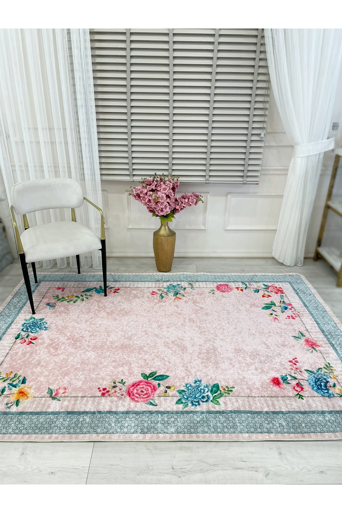 Blue Background, Rose-Patterned Non-Slip Rug
