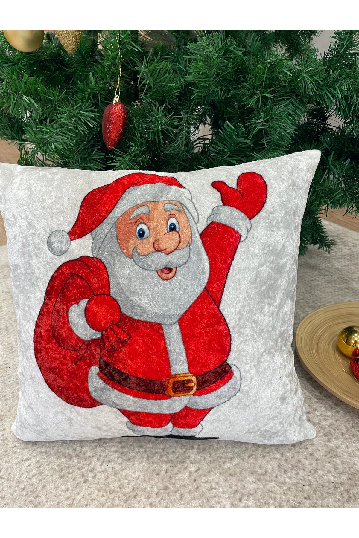 Noel Baba Desen Kadife Kırlent Yastık Kılıfı (AÇIK GRİ)